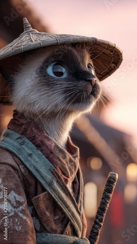 Siamese cat warrior wearing a conical hat and traditional clothing with a katana sword