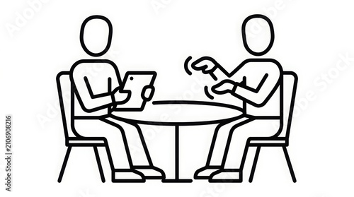 Business - Two People Sitting at Round Table in Discussion One Holding Tablet Device While Other Gestures