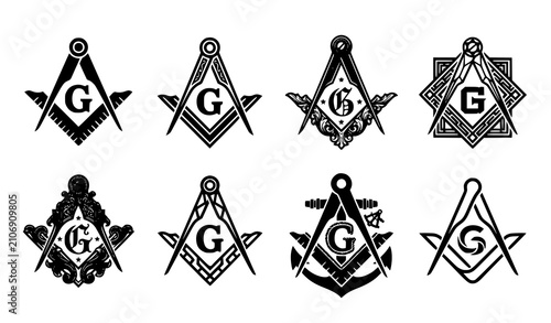 Cuadro en lienzo Masonic Square and Compasses with Letter G Black Vector Symbol Set