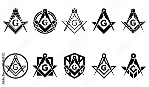 Minimalist Masonic Letter G Square and Compasses Icon Collection Vector
