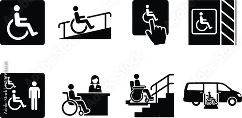 Collection of black accessibility sign icons featuring wheelchair symbols ramps elevators and inclusive public transport
