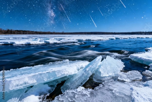 Starlit night over a partially frozen river with ice floes and meteor trails in the sky