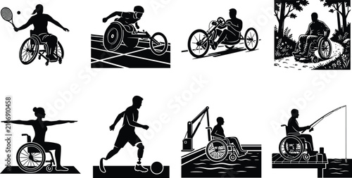 Collection of black adaptive sports and inclusive accessibility silhouettes featuring disabled athletes and recreation activities
