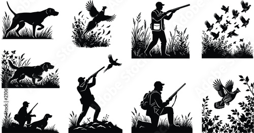 Foto Collection of black bird hunting silhouettes featuring pointing dogs hunters wit