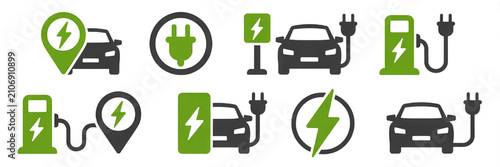 Electric vehicle charging icons with lightning bolt and plug symbols in green and gray