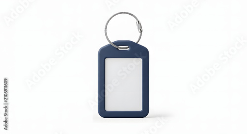 Blank blue silicone luggage tag mockup with wire cable loop isolated on white background. Empty plastic ID name badge holder keychain with stainless steel wire ring.