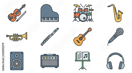 Foto Collection of musical instruments and audio equipment icons, flat design