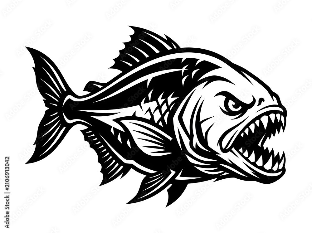 Obraz premium Angry piranha fish illustration in black and white vector style, featuring sharp teeth for aggressive sports mascot or wildlife predator graphic