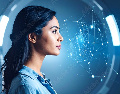 Woman's profile with digital network overlay