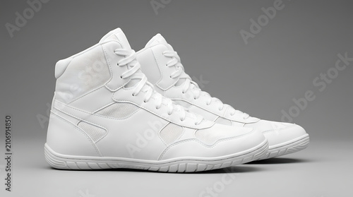 Pair of White Wrestling Shoes High Top Athletic Footwear Designed for Performance and Comfort on a Neutral Gray Background