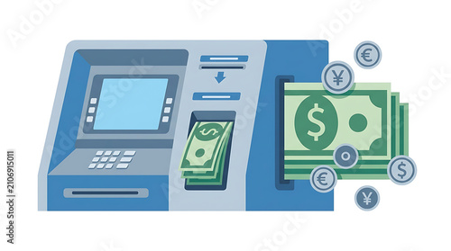 Pixelated ATM Machine Dispensing Cash and Coins with Euro Yen and Dollar Symbols Representing Financial Transactions and Global Currency Exchange