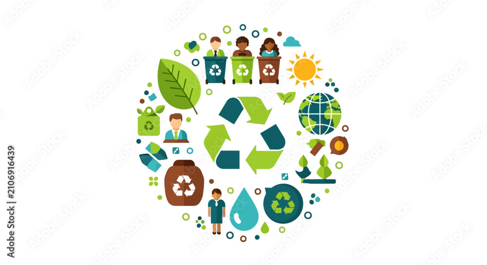Naklejka premium Sustainability and Recycling Concept Flat Vector Illustration with Icons of Green Energy, Waste Management, Ecology, and Social Responsibility on White Background