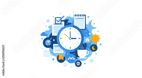 Time Management and Productivity Concept Illustration with Clock, Checklist, and Daily Routine Icons on White Background
