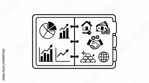 Financial concepts in a notebook graphs money house handshake gold globe