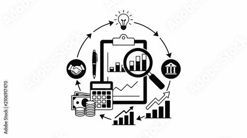 Financial cycle diagram with charts calculator money lightbulb handshake building icon