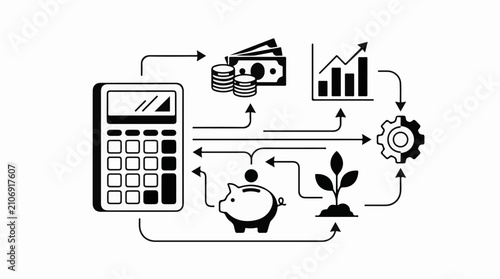 Financial cycle with calculator money plant gear and graph