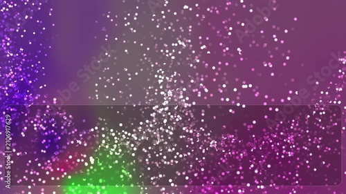 Abstract background with glowing white particles and vibrant purple and green light effects.