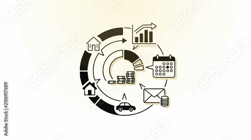 Financial cycle with icons for assets growth and payments