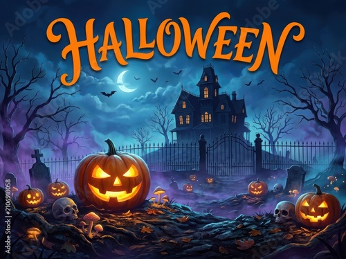 Happy halloween greeting card with carved pumpkins, a spooky haunted house, and a full moon in a dark purple night sky background