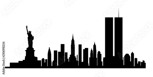 Illustration of the New York City skyline with the Twin Towers, black simple vector style isolated on white or transparent background, 9/11 Patriot Day png cut out