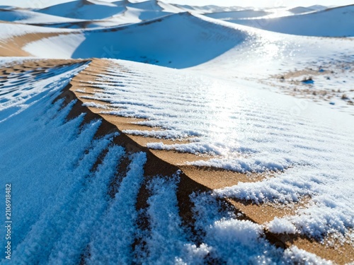 Snow-covered sand dunes in a desert landscape under bright sunlight