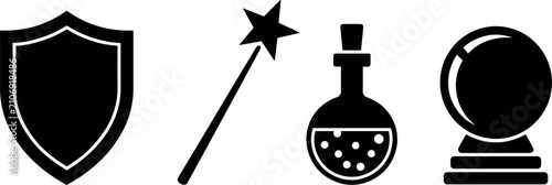 фотографія Magic wizard inventory items vector icon set featuring protective shield magic wand elixir potion bottle crystal ball
