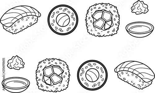 Slika na platnu Japanese Sushi Food Line Art Icon Set with Salmon Nigiri Maki Roll California Ro