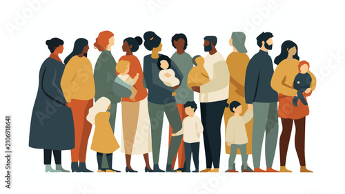 diverse group of people including children families and adults standing in line or gathering outdoors with various skin tones and clothing styles during daytime