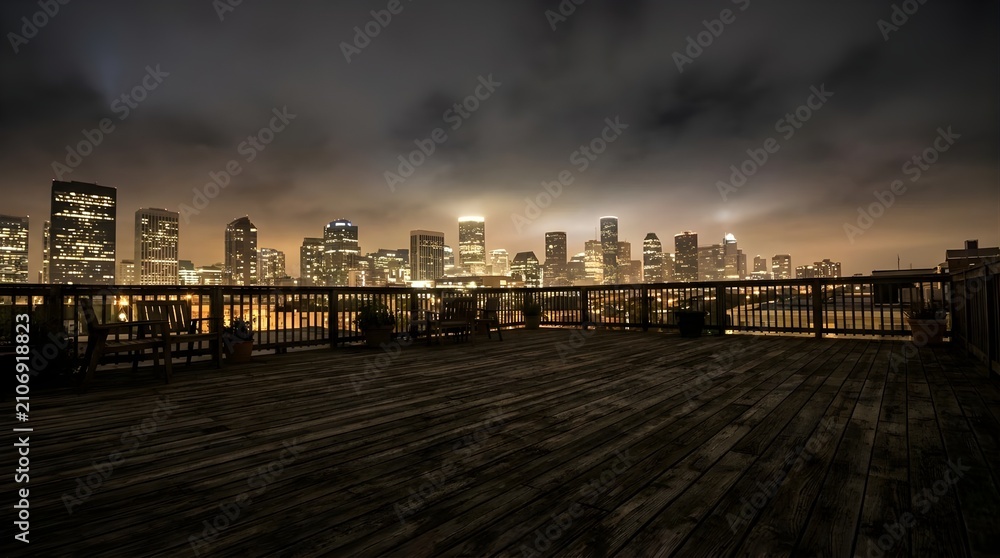 Fototapeta premium City skyline at night viewed from a wooden balcony.