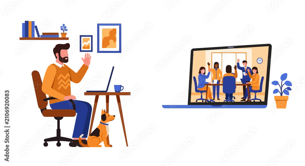Fototapeta premium Remote Worker Participating in Online Video Conference Meeting with Office Colleagues from Home Office Illustration