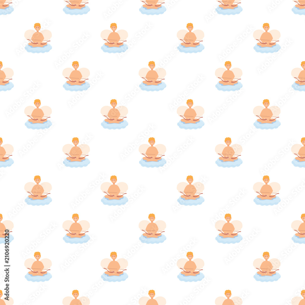 Fototapeta premium Seamless pattern with cute cupid cherub angels floating on blue clouds with bows