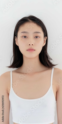 Portrait of a beautiful woman wearing white casual clothes standing against a neutral background