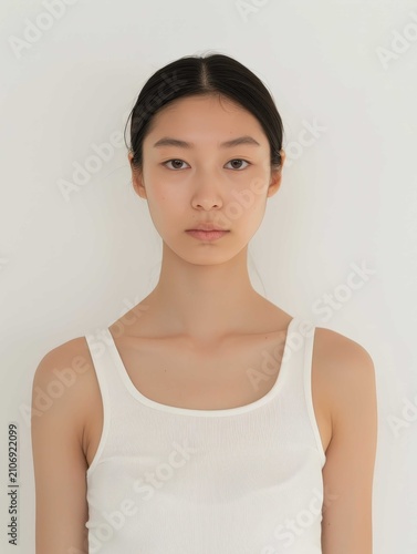 Portrait of a beautiful woman wearing white casual clothes standing against a neutral background