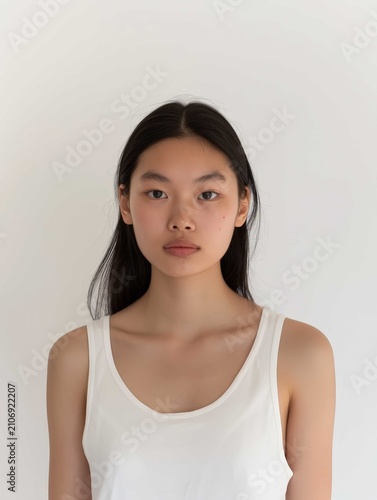 Portrait of a beautiful woman wearing white casual clothes standing against a neutral background