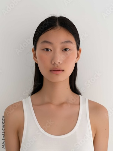 Portrait of a beautiful woman wearing white casual clothes standing against a neutral background