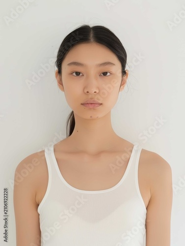 Portrait of a beautiful woman wearing white casual clothes standing against a neutral background