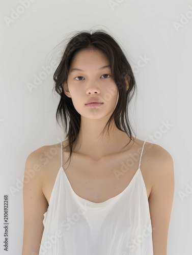 Portrait of a beautiful woman wearing white casual clothes standing against a neutral background