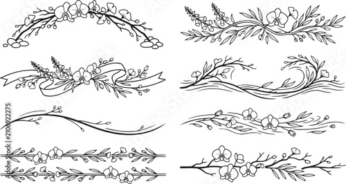 Foto Hand-Drawn Elegant Orchid Flowers and Ribbon Line Art Decorative Borders Set