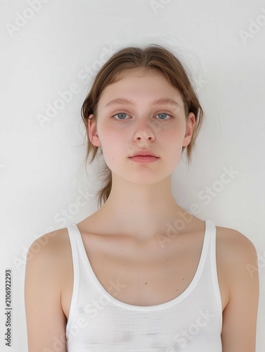 Portrait of a beautiful woman wearing white casual clothes standing against a neutral background