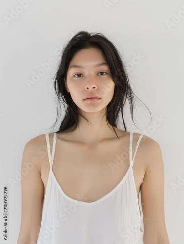 Portrait of a beautiful woman wearing white casual clothes standing against a neutral background