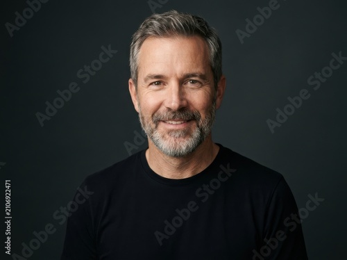 Portrait of a handsome middle aged man with gray hair and beard smiling at camera against a dark gray studio background