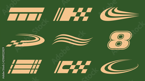 Racing speed decals set with checkered flag patterns sports stripes number eight dynamic motion swooshes collection isolated green background.