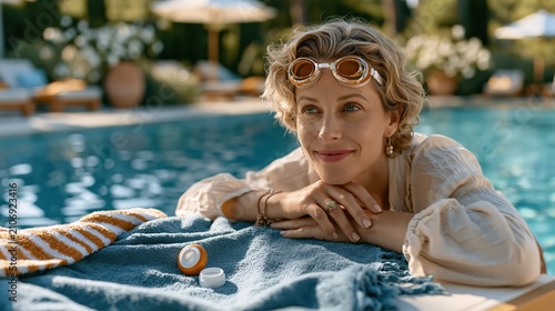 Contact Lens Health Week: a woman standing poolside wearing swimming goggles over her eyes, contact lens case and towel placed on a nearby lounge chair