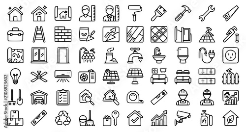 Bild auf Leinwand Modern Home Renovation Line Icons with Repair Painting Maintenance Editable Stro