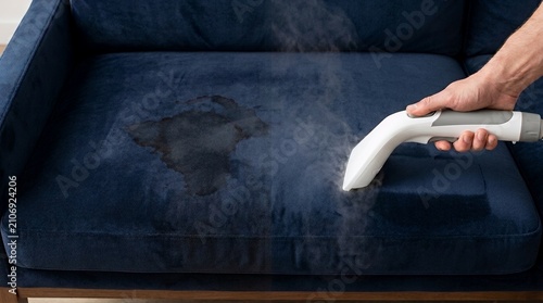 Steam cleaning a stained blue velvet sofa at home