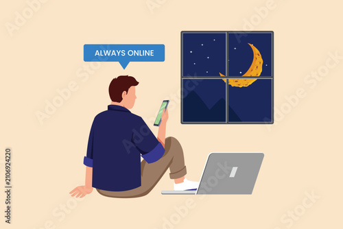 Staying connected all day without taking a break from digital devices.Digital stress concept. Colored flat graphic vector ilustration isolated