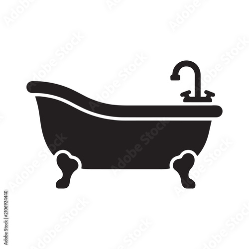 Vintage clawfoot bathtub silhouette icon isolated on white background. Minimalist bathroom decor vector illustration.