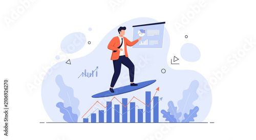Businessman surfing on growing financial chart, presenting data on board, abstract background, business success concept vector illustration