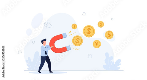 Businessman attracting money with a large magnet, symbolizing financial success and investment growth