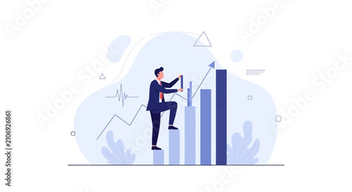 Businessman climbing bar graph representing growth and success, concept of financial progress and career advancement